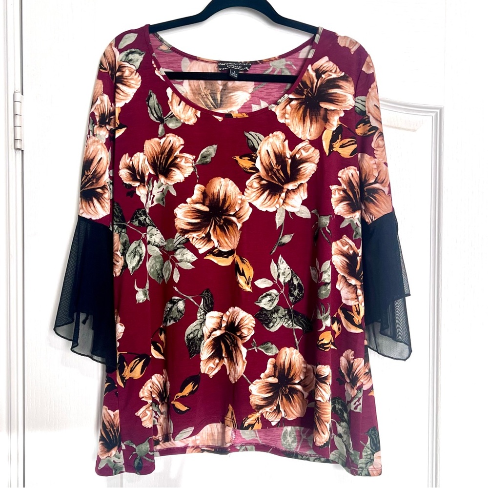Corvia Maroon Floral Women's Top with Sheer Bell Sleeves